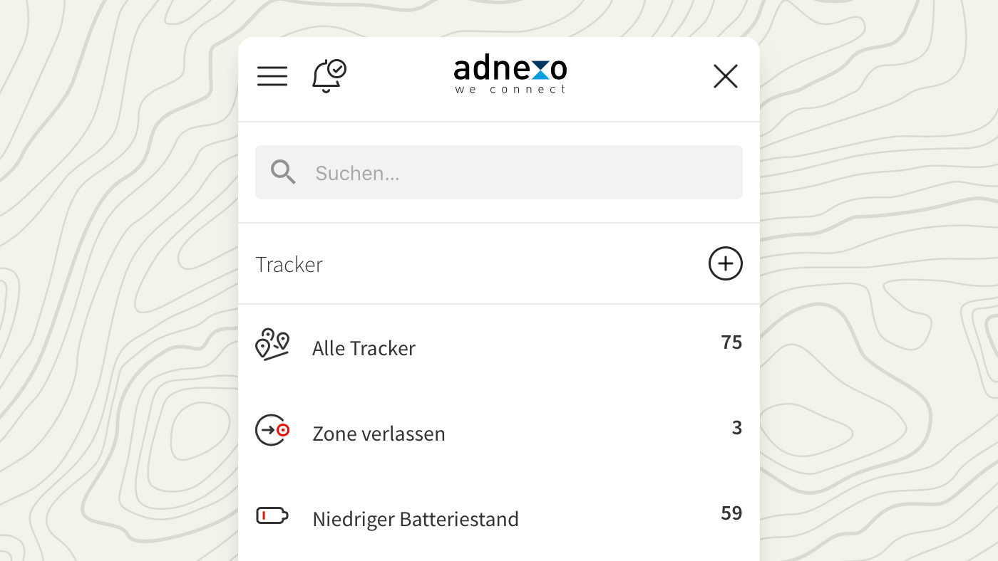 The app screen with search bar on top and a list of trackers on the bottom.